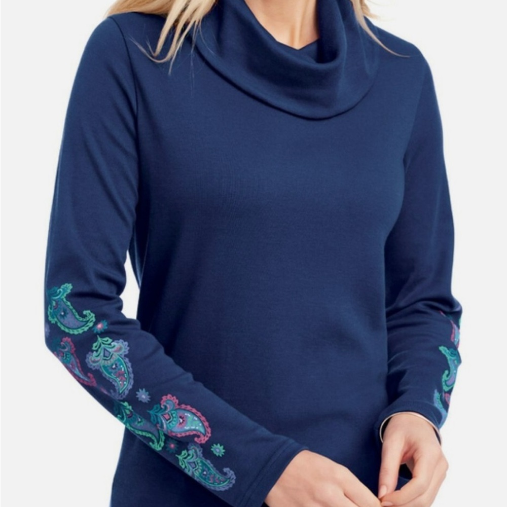 Large Women’s | Blair Navy Cowl Neck Sweater | Teal & Pink Paisley Sleeves